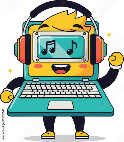 A cheerful vector illustration of a laptop computer cartoon character wearing headphones and dancing with musical notes on its screen. Perfect for websites, digital media, and advertising.