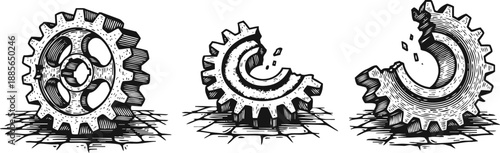 hand drawn gears deteriorating from intact to broken mechanical cogwheels with detailed shading in progressive damage stages