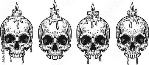 Four detailed skull illustrations with melting candles on top in monochrome
