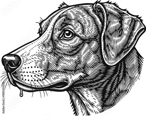 Detailed black and white engraving of a dog's head looking sideways with droplet from mouth