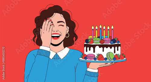Laughing woman holding birthday cake covering eye in pop art style