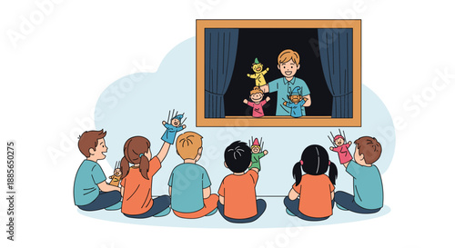 Children watching a puppet show performed by a teacher on a stage.