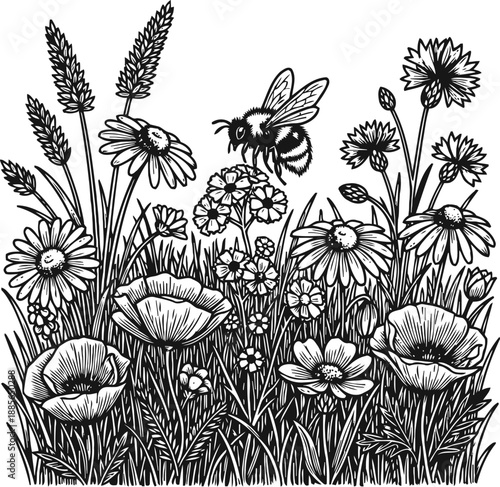 Detailed wildflowers and honeybee in meadow with daisies, poppies, and grass, nature floral scene