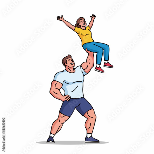 Strong man lifting happy woman overhead, demonstrating incredible physical strength and unwavering support. Muscular strong man lifting partner in triumph, showcasing teamwork and athletic prowess.