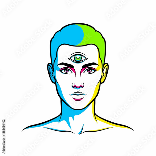 Stylized person illustration with prominent third eye on forehead, featuring vibrant psychedelic colors and symbolic mystic energy. Esoteric spiritual vision, third eye concept artwork for meditation,