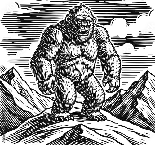 Bigfoot standing on mountain peak mythical creature in wilderness landscape with clouds and rugged terrain cryptid legend illustration