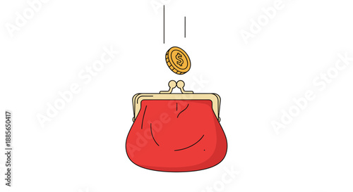 A gold coin is about to fall into an open red coin purse.
