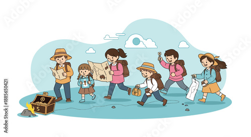 A group of young adventurers follows a map on a treasure hunt.