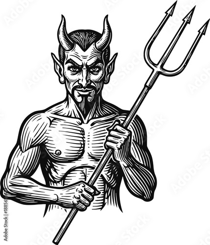 devil character holding trident horned demon with muscular torso, pointed ears and goatee