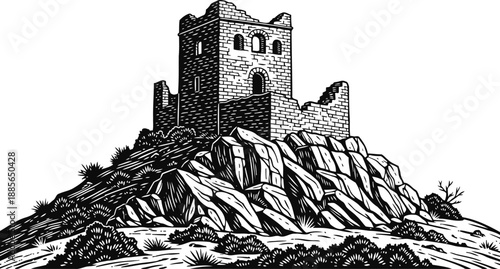 Ancient stone fortress ruins on rocky hilltop with surrounding shrubs and rugged landscape