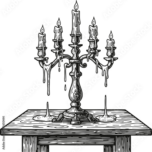 vintage candelabrum with melting candles on wooden table illustration black and white