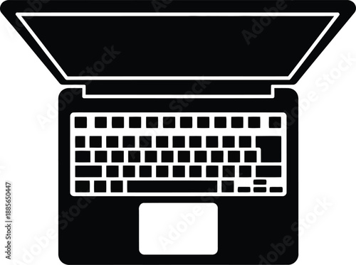 A simple black silhouette icon of a laptop computer viewed from the top
