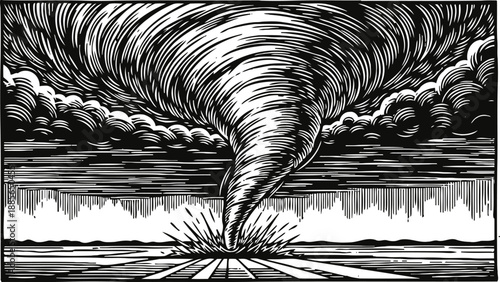 black and white woodcut tornado touching down on farmland with dramatic swirling clouds
