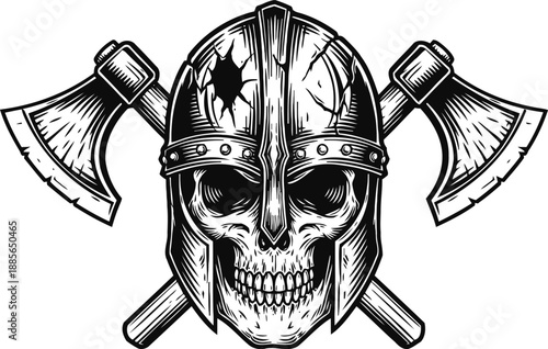 skull with viking helmet and crossed axes medieval warrior symbol, battle damage and fierce expression
