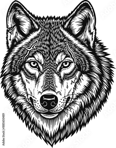 Detailed wolf head illustration with intense eyes and fur texture in black and white