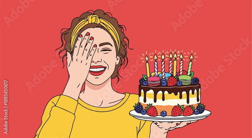 Playful woman with birthday cake covering eye winking in pop art style