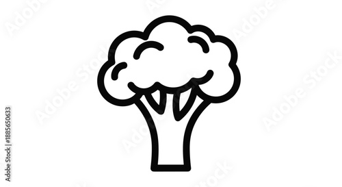 A simple black and white line art illustration of a fresh broccoli floret on a white background.