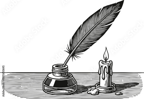 Vintage quill feather pen in inkwell next to melting wax candle hand drawn illustration