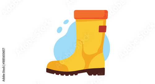 Bright yellow rubber boot for wet weather protection with a red buckle detail.