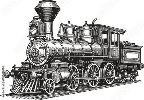 Detailed vintage steam locomotive illustration with classic engine and coal car, retro transportation design