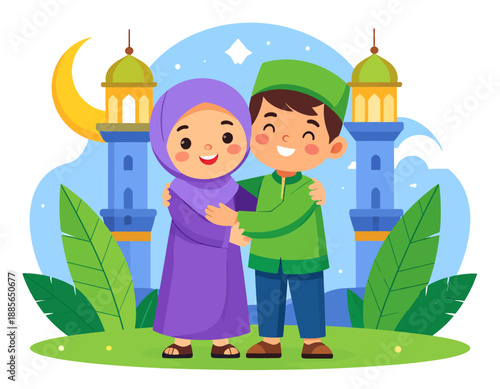 A young couple embracing under the stars with mosque towers and crescent moon in the background during a festive celebration