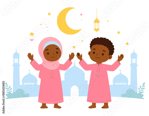 Two children in pink robes celebrating under a crescent moon with mosque silhouettes in the background