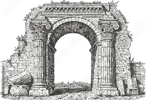 ancient roman arch ruin with corinthian columns and stone debris detailed vintage engraving
