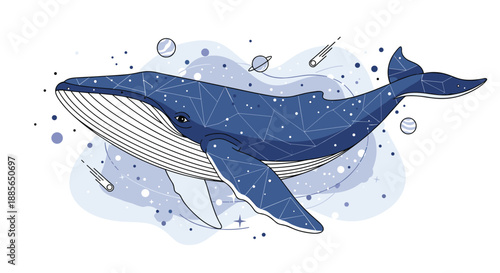 An abstract artistic representation of a majestic blue whale swimming through a starry cosmic ocean with ethereal blue waves and swirling particles.
