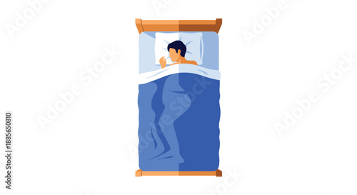 A person sleeping peacefully in a comfortable bed under a blue blanket. This image depicts deep sleep and rest.