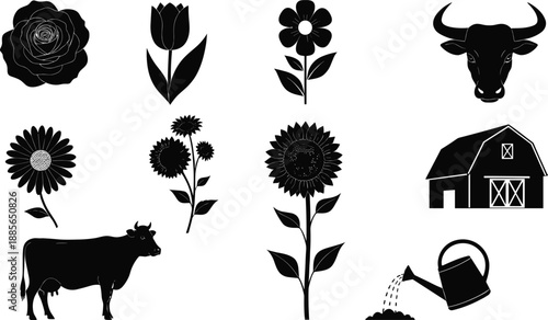 Farm themed floral and animal silhouette vector set with sunflowers, cow, barn and gardening elements for rustic designs, craft projects, stickers and farmhouse decor