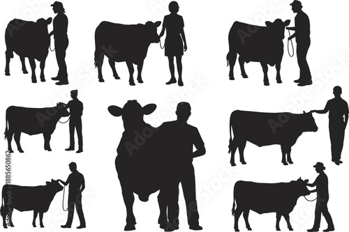 Farmer and cow silhouette vector illustration, agriculture and livestock concept, cattle farming design, ranch animal care graphic, rural farm life art
