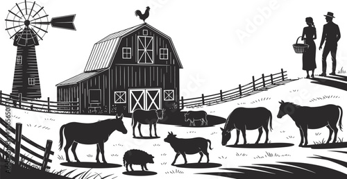Farm scene with barn, windmill, cows, and farmers silhouette, rural countryside landscape illustration representing agriculture, livestock farming, and traditional country lifestyle design