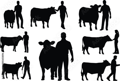 Farmer and cow silhouette vector illustration, agriculture livestock concept, cattle farming artwork, rural life design, countryside ranch animal care graphic for farm theme