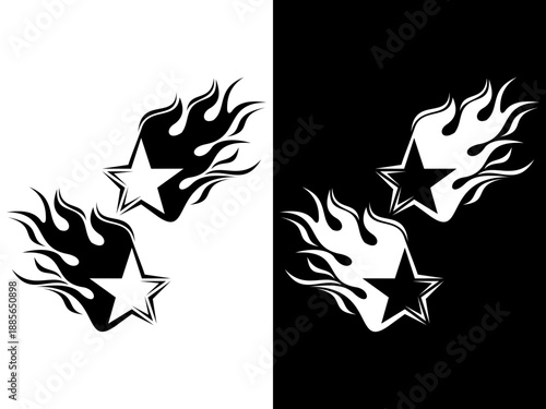 Flaming Star Tattoo Decal Black and White Vector Illustration Icon