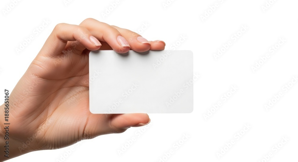 Obraz premium A hand holding a blank white card isolated on a plain white background viewed from a straightforward perspective.