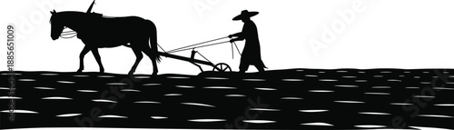 Farmer plowing field with horse vector silhouette, agriculture illustration, rural countryside farming scene, traditional vintage farm work design, nature cultivation artwork, black silhouette