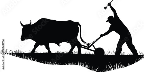 Farmer plowing field with ox silhouette vector illustration, traditional agriculture scene, rural farming concept, countryside work, vintage agricultural labor, farm landscape design