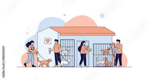 People helping and adopting dogs from a happy animal shelter.