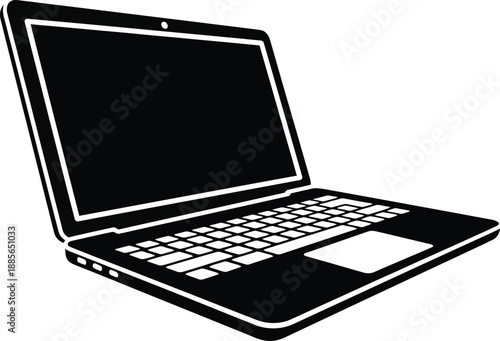 A high-angle, black and white vector illustration of a modern open laptop computer
