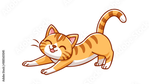 Cute animal characters vector art illustration. A cheerful tabby calico cat stretching, tail raised high.