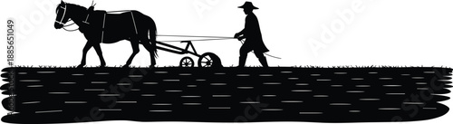 Farmer with horse plowing field vector illustration, agriculture silhouette design, rural farming concept, traditional countryside work, vintage agriculture scene for farm and nature projects