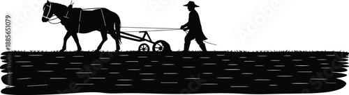 Farmer with horse plowing field vector silhouette, agriculture scene illustration, traditional rural farming concept, countryside landscape art, vintage farm work design for projects