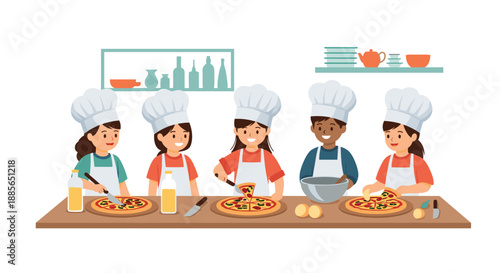 Kids crafting delicious pizzas together in a fun cooking class, fostering teamwork and creativity in a bright kitchen environment