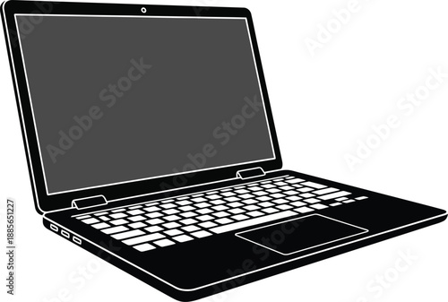 Black and white silhouette illustration of an open laptop computer on a white background