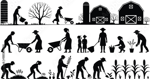 Farming and gardening people silhouette collection, farmers working on field, planting, watering, harvesting crops, agriculture lifestyle and countryside scene vector illustration