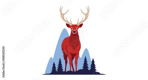 Majestic red deer standing proudly among blue mountains and pine trees, perfect for nature posters, wildlife conservation campaigns, and outdoor adventure themes
