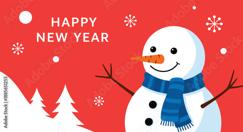 Cheerful Happy New Year greeting with a cute smiling snowman wearing a striped scarf on a festive red winter background with snowflakes and trees