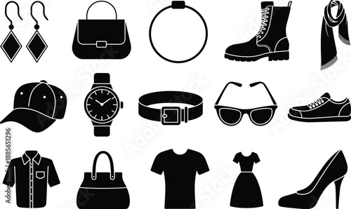 Fashion accessories and clothing silhouette icons, vector illustration set for design, retail, boutique, wardrobe, style, shopping, branding, and fashion content