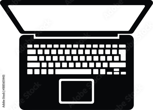 A minimalist top-down view of an open laptop computer in black and white icon style