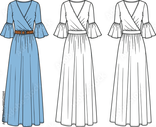 Fashion long dress design with flared sleeves, wrap bodice, detailed technical sketch for apparel industry and sewing pattern references, cad drawing flat vector illustration